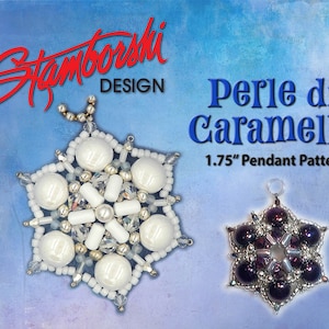 May include: A beaded snowflake pendant pattern, "Perle di Caramelle", by Stamborski Design. The pattern is for a 1.75 inch pendant. The image shows two versions of the pendant, one in white and one in purple.
