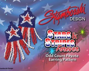 Stars&Stripes Forever  - Odd count peyote earrings, fringe earrings, peyote stitch, PDF pattern