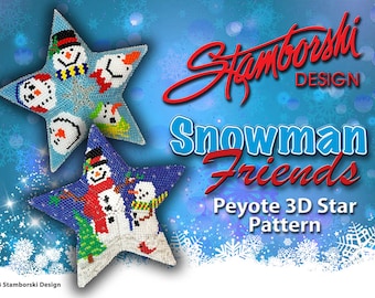 Snowman Friends - 3D peyote star pattern, peyote star pdf, front and back design