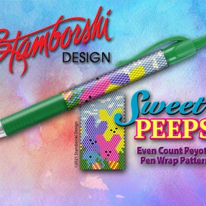 Peut inclure: Un motif de bracelet de stylo en perles colorées représentant trois Peeps jaunes, roses et bleus. Le motif s'appelle "Sweet Peeps Even Count Peyote Pen Wrap Pattern".
