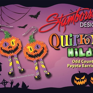 May include: Beaded pumpkin earrings with smiling faces and dangling legs. The earrings are orange, black, purple, green, and yellow. The background is purple with bats, a haunted house, and the text "Quirky Hilda".