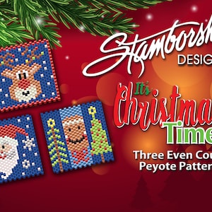 May include: Three Christmas-themed beading patterns for peyote stitch. The patterns feature a reindeer, Santa Claus, and a gingerbread man. The patterns are titled "It's Christmas Time" and are by Stamborski Design.