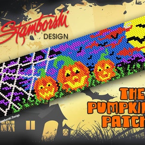 May include: A colorful beaded bracelet with a Halloween theme. The design features a spiderweb, pumpkins, bats, and a full moon. The text "The Pumpkin Patch" is displayed below the bracelet.