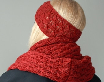 Hand knitted scarf with headband red-orange color Crochet set for women Scarf and headband set