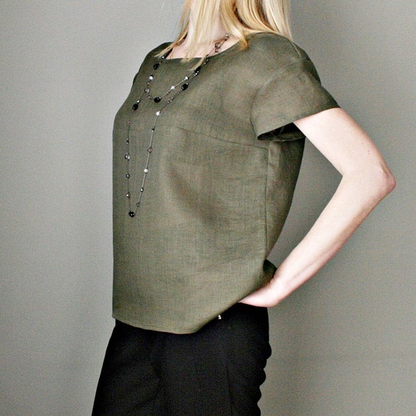 Green linen blouse, Natural linen tee, Elegant flax blouse, Natural linen clothing