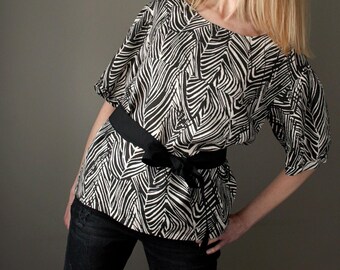 Linen blouse black ivory with belt handmade Evening linen blouse
