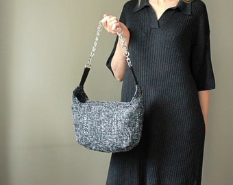 Black tweed hobo bag quilted Black tweed shoulder bag Tweed handbag with plastic chain strap