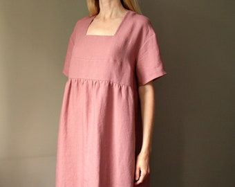 Pink linen dress L handmade Square neck dress Midi linen dress minimalist style