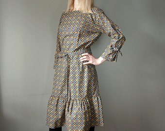 Midi cotton dress with belt handmade Cotton multicolored dress 3/4 sleeves