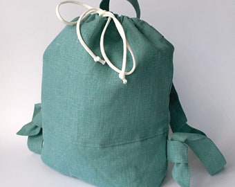 Mochila con cordón de lino acolchado: mochila verde menta hecha a mano