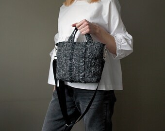 Black tweed mini tote bag quilted Tweed bag with handles Small shoulder bag boucle Tweed handbag