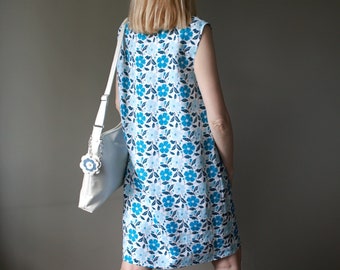 Floral linen dress sleeveless white and blue handmade Minimalist linen dress