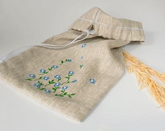 Handmade Linen Bread Bag: Embroidered Blue Flowers, Kitchen Storage