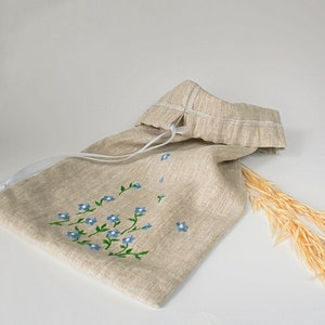 Handmade Linen Bread Bag: Embroidered Blue Flowers, Kitchen Storage