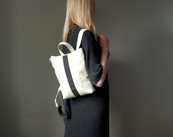 Mini backpack white ivory black handmade quilted