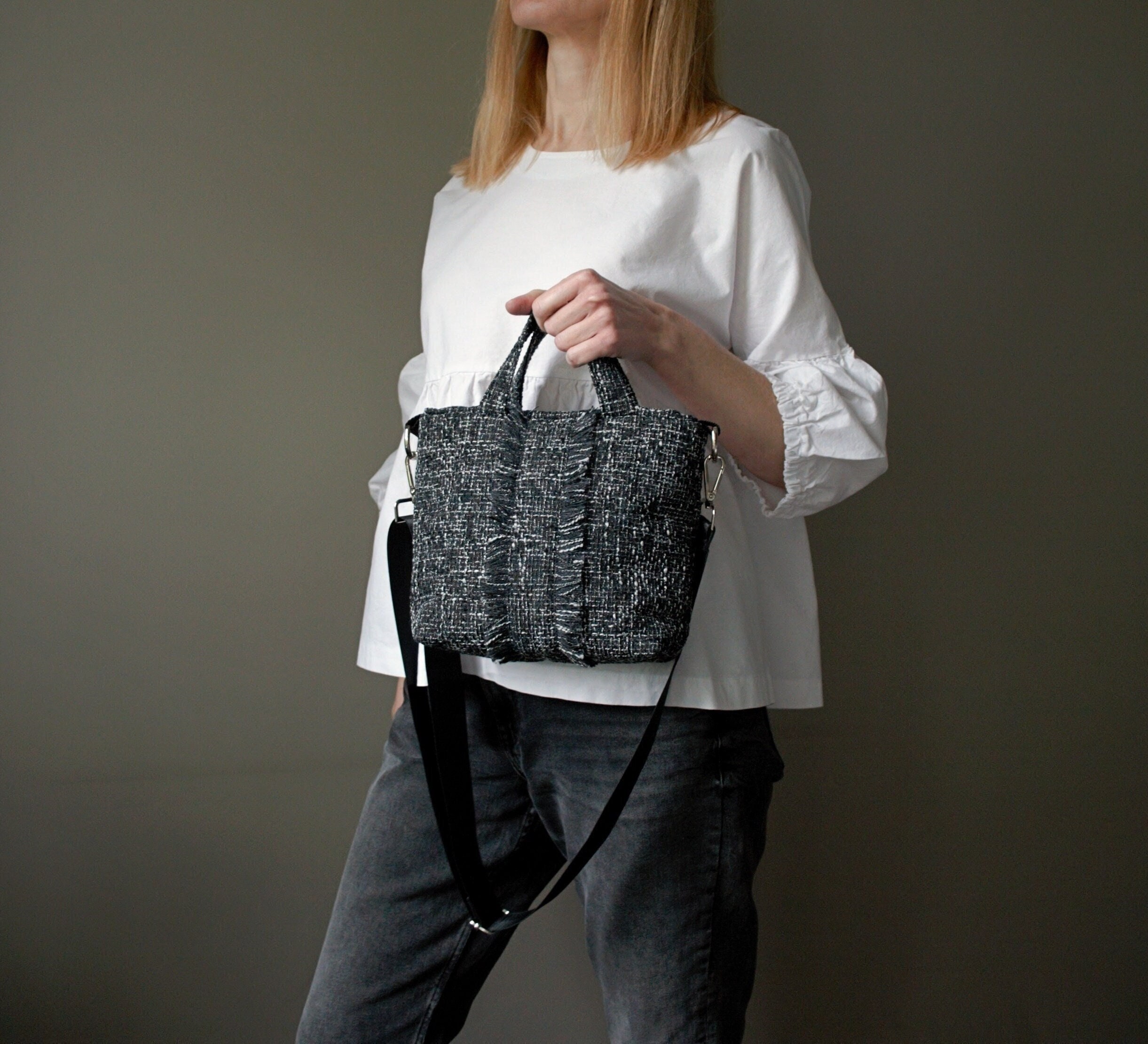 Black Tweed Mini Tote Bag Quilted Tweed Bag With Handles Small Shoulder ...