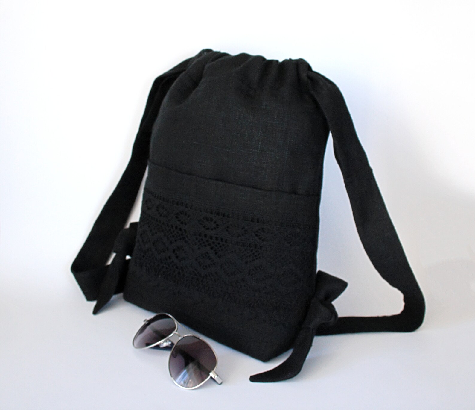 Black linen backpack with lace Mini backpack black lace Etsy