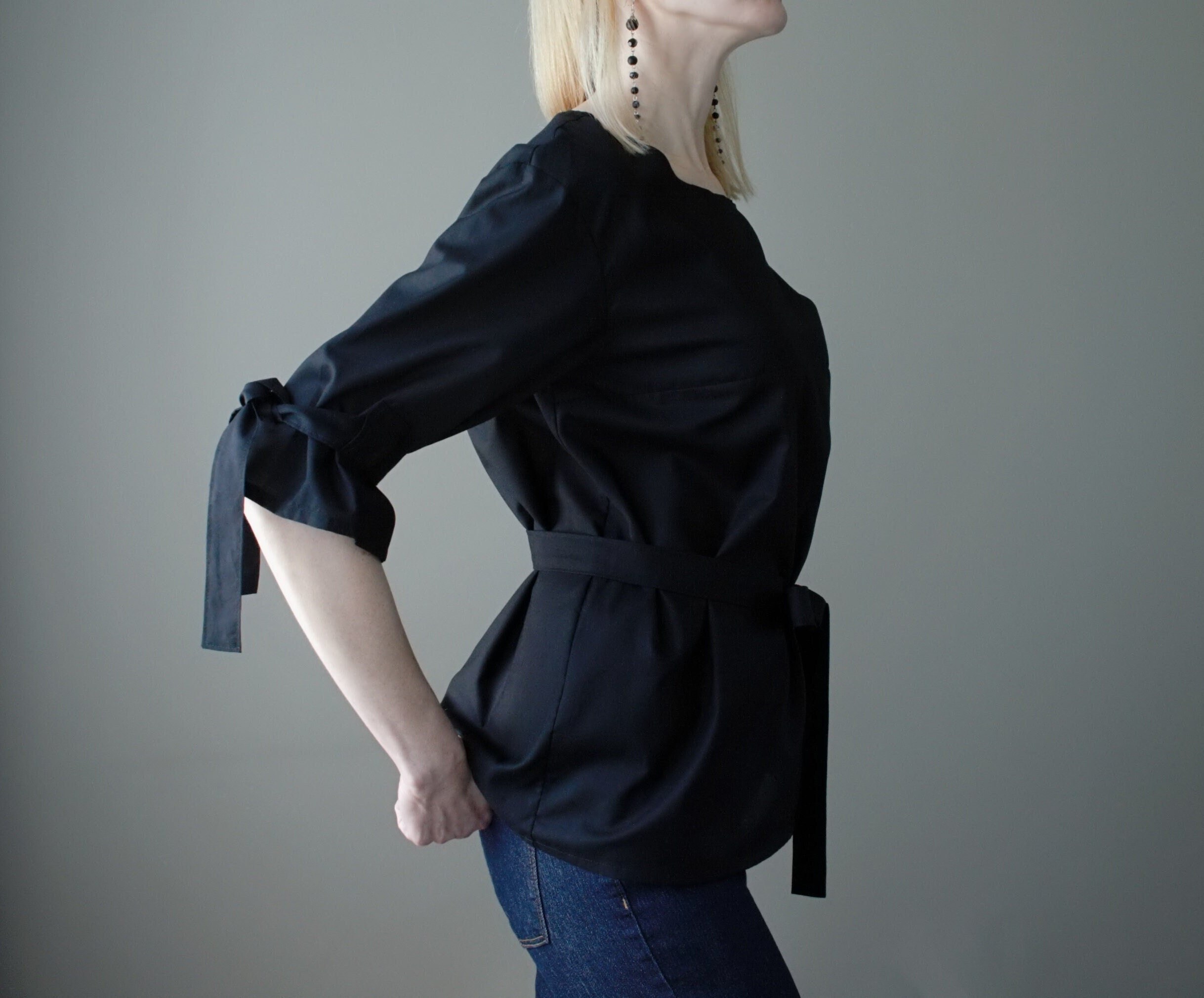 Black Blouse 3/4 Sleeves Handmade Cotton Top With Belt Black 