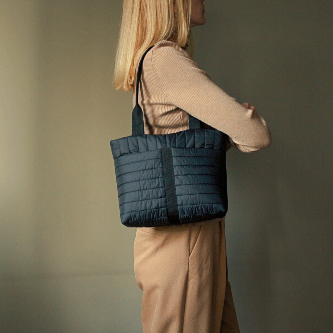 Black Tote Bag Quilted Medium Size Bag Nylon Handmade Quilted - Etsy