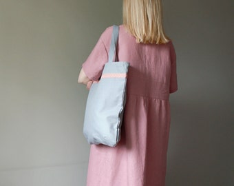 Grauer Baumwoll-Einkaufstasche mit rosa Spitze: Handgemachter Shopper