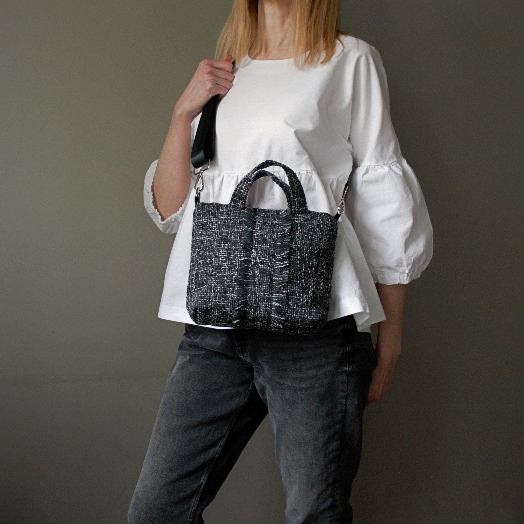 Black Tweed Mini Tote Bag Quilted Tweed Bag With Handles Small Shoulder ...