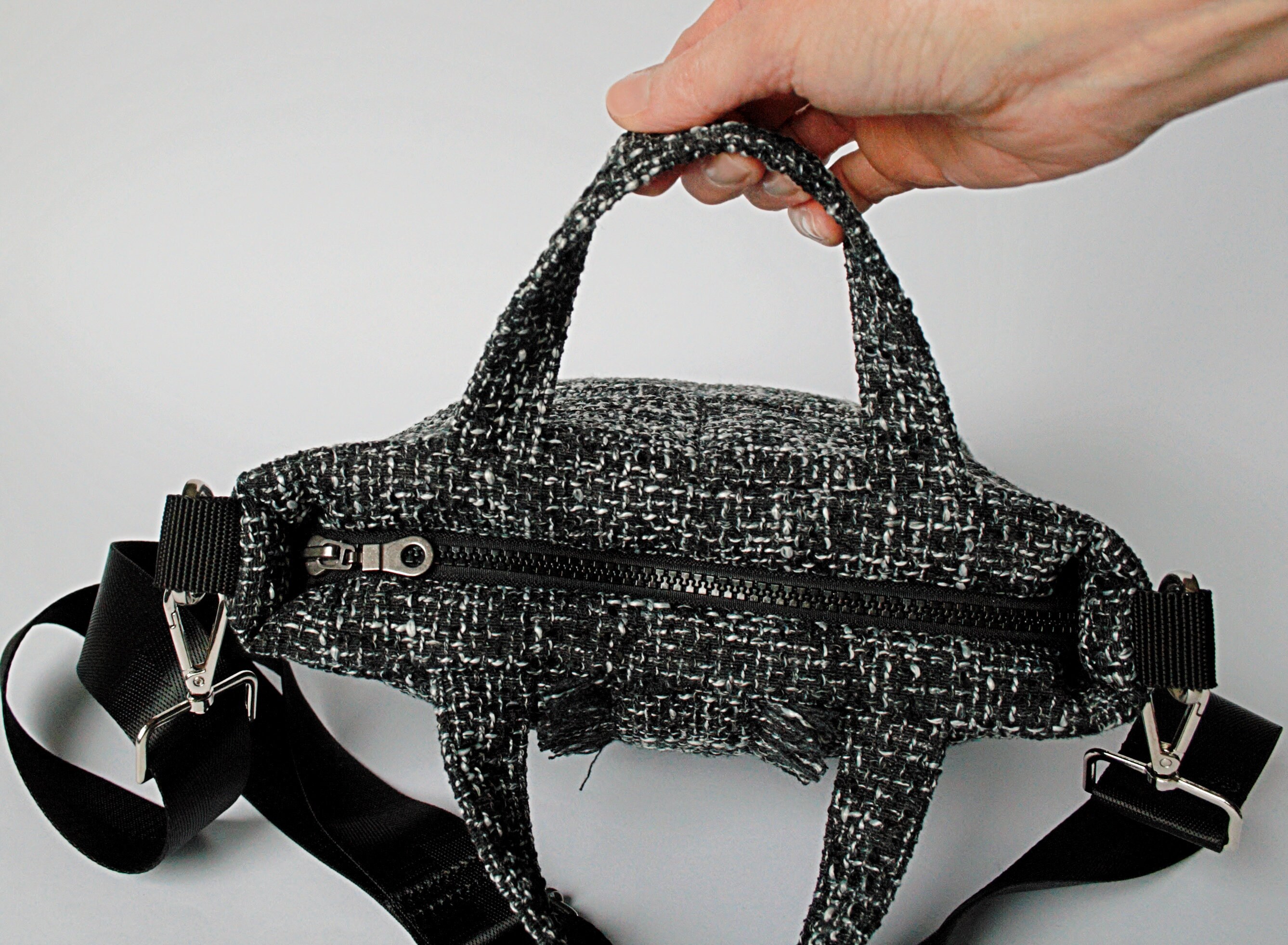 Black Tweed Mini Tote Bag Quilted Tweed Bag With Handles Small Shoulder ...