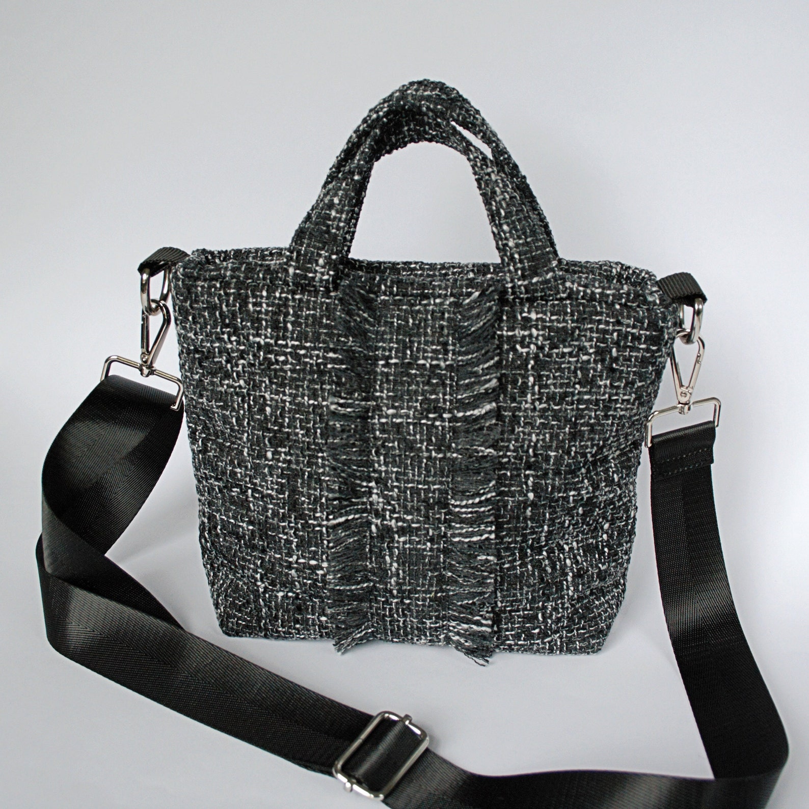 Black Tweed Mini Tote Bag Quilted Tweed Bag With Handles Small Shoulder ...