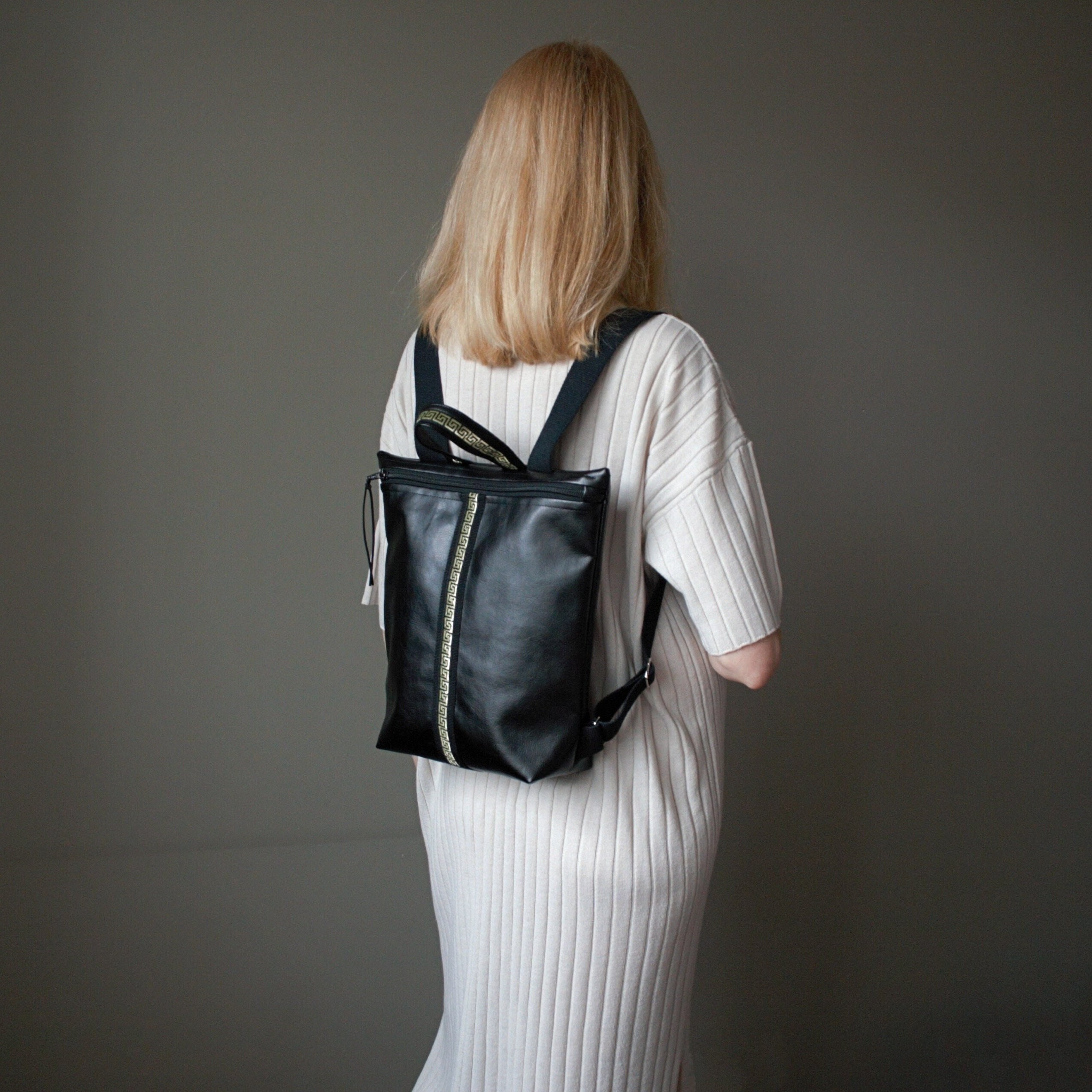 black and gold faux leather backpack Small Black Backpack With Gold Ribbon Handmade Faux Leather