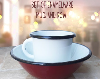 Set of White Enamelware Mug and Red Enamel Bowl - Gift for Camper - Custom Printed Mug on Demand - Personalized Gift for Camping Lover