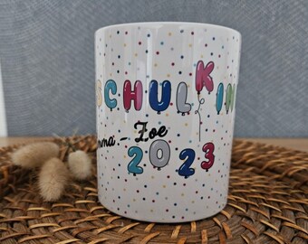 Einschulung Tasse personalisiert, Punkte, Ballons. Geschenk zur Einschulung, 330 ml