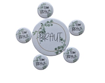 Eukalyptus Braut, Team Braut, Hochzeit Button mit Magnet verschiedene Größen