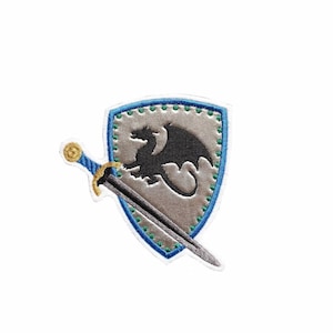 Patch silver knight shield with dragon coat of arms and sword