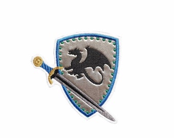 Patch silver knight shield with dragon coat of arms and sword