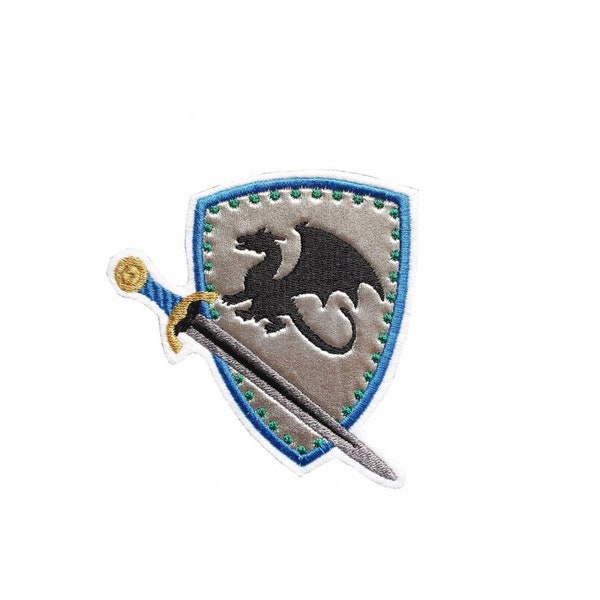 Aufnäher silbernes Ritterschild mit Drachen Wappen und Schwert