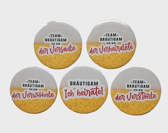 JGA, Jungesellenabschied, Bräutigam, 5er Set, Hochzeit Button mit Magnet, Flaschenöffner