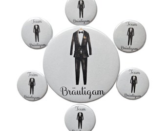 Groom, team groom, wedding button with magnet in different sizes, tuxedo, suit