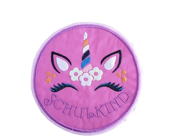 School child unicorn, application for school enrollment, round patch