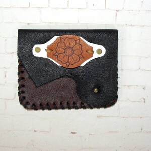 Genuine Leather Card Wallet Coin Purse - Real Leather Purse with Flower Mandala - Raw Distressed Style, Dark Brown