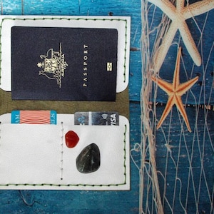 Recycled Leather and Hemp Passport Travel Wallet. Handmade in Australia. White and Khaki, handsewn