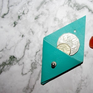 Aqua Turquoise Leather Triangle Coin Purse- Handmade with Kangaroo Hide. One of a kind. Fits coins and guitar pick