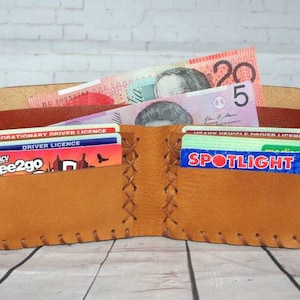 Leather Bifold Wallet Tan Brown Australian Made Handsewn with Hemp