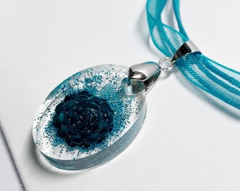 Resin Pendant with Quilled Blue Flower