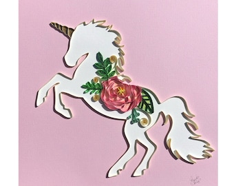 Paper Quilled Unicorn Wall Art | Floral Unicorn Nursery Decor | Handmade Girl Nursery Wall Decor | Baby Shower Gift | Whimsical Unicorn Art