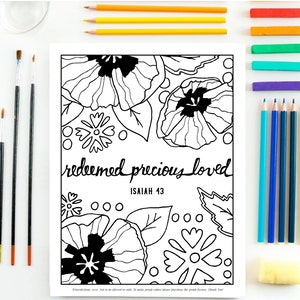 Redeemed Precious Loved, Printable Coloring Page, Isaiah 43, Inspirational Coloring, Christian Coloring Sheet, Instant Digital Download
