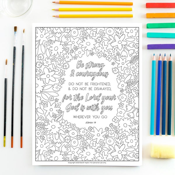 Be Strong and Courageous Printable Coloring Page, Joshua 1:9 Coloring Page, Bible Verse Coloring, Instant Digital Download