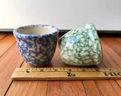 Miniature Spongeware Pottery Custard Cups Blue Gerald Henn and Green Bel-Terr