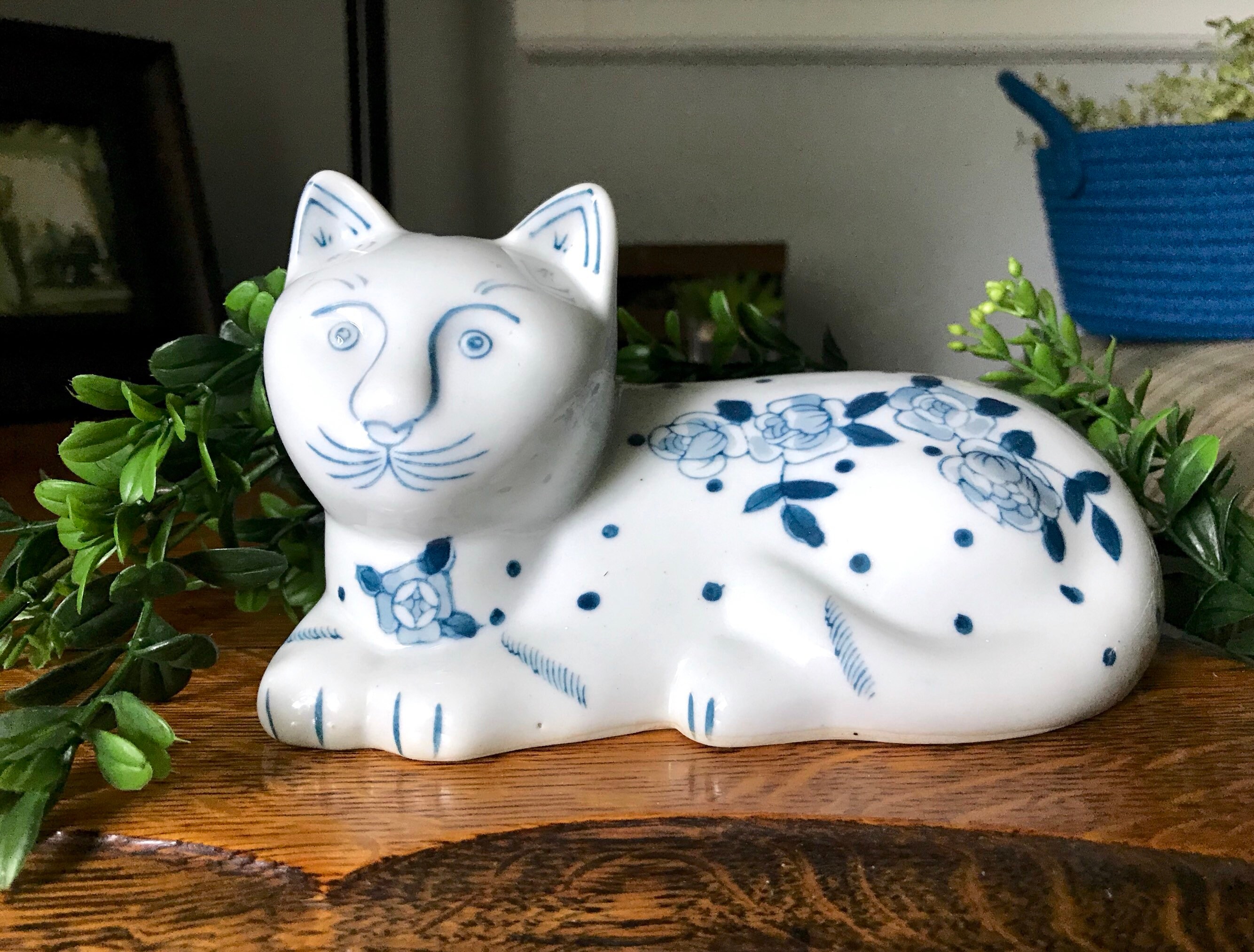 White Ceramic Kitty Cat With Blue Floral Pattern Etsy