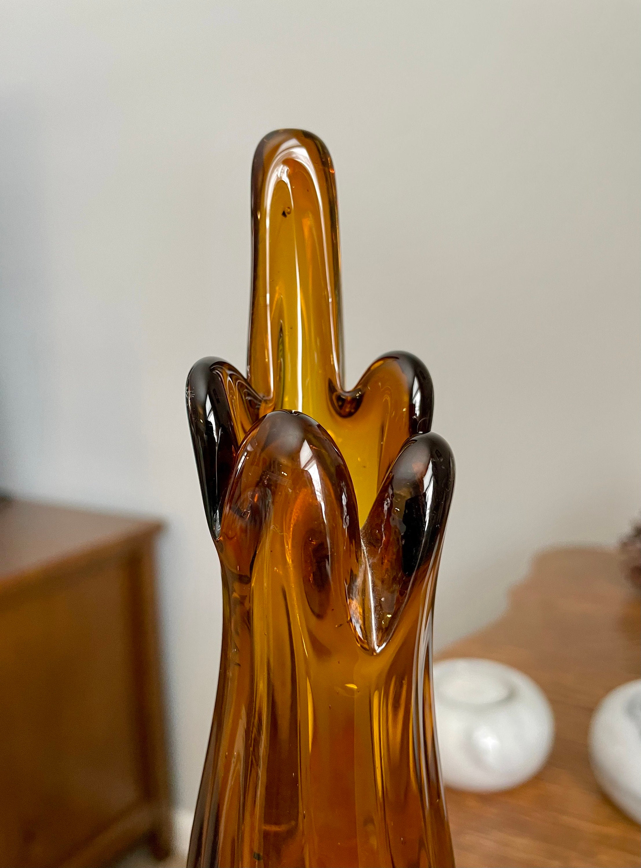 Swung Vase Mid Century Decor Unique Glass Art Amber Stretch Etsy