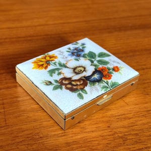 Vintage MCM Guilloche Enamel Floral Pill Box Mini Jewelry Box Gift
