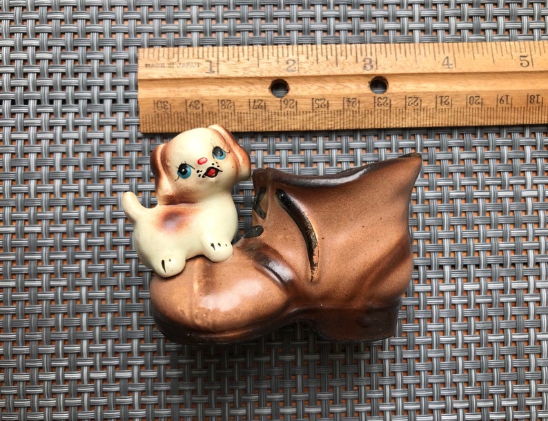 Puppy Dog on a Boot Vintage Ceramic Toothpick Holder Enesco Mini Succulent Planter